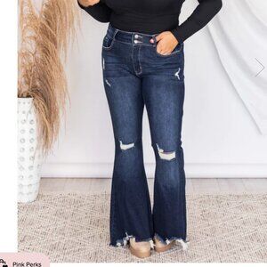 Pink Lily Jemma Distressed Dark Wash Flared Jeans NWT 0/23